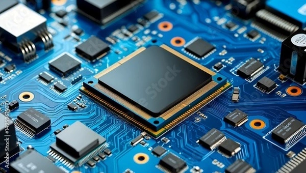 Fototapeta Motherboard and cpu chip on blue technology background