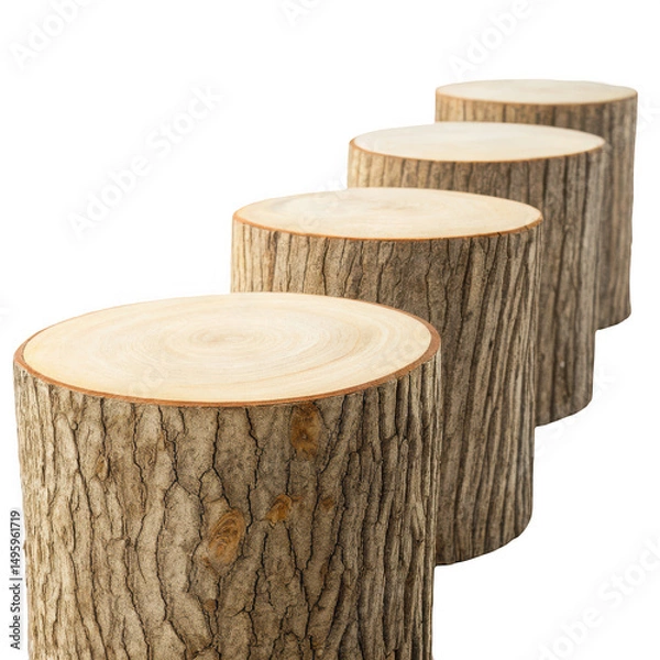 Fototapeta Four wooden tree stump stools isolated on transparent background