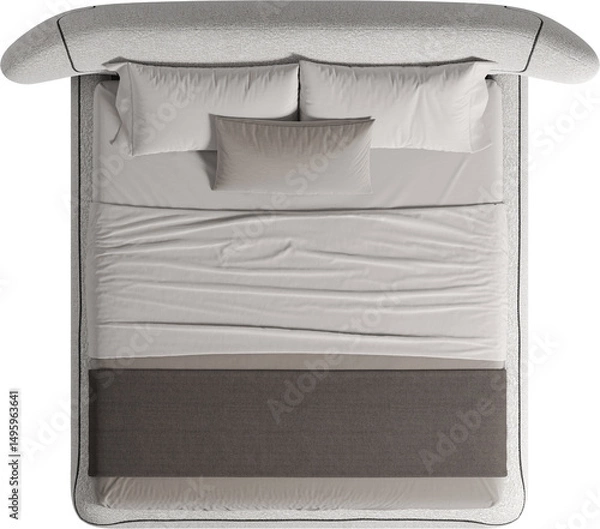 Fototapeta Top view of double bed with headboard and blanket	