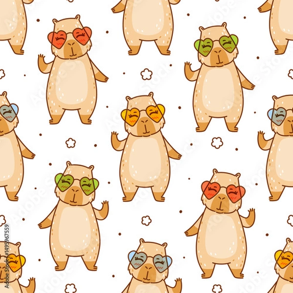 Obraz Seamless pattern with cute сartoon capybara with sun glasses on white  - funny animal background for Your happy summer design