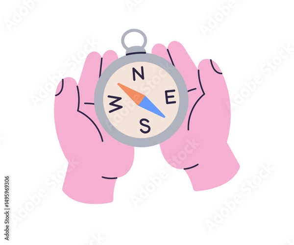 Fototapeta Human hands holding a compass icon, navigation and direction symbol for exploration, finding route, decision making, travel guidance, and orientation flat vector illustration.