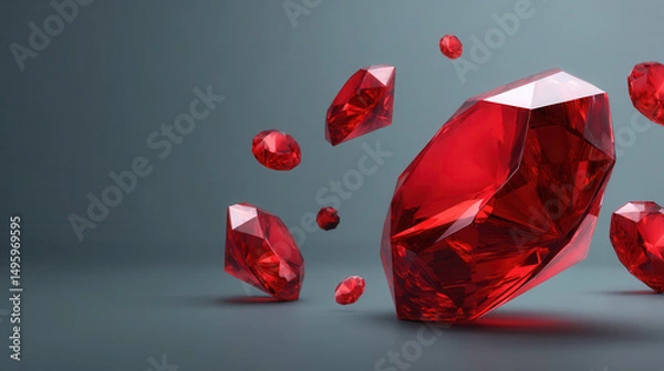 Obraz Floating rubies beautifully shine in a minimalistic scene, showcasing their vibrant red color and crystal clear facets in this precious gems arrangement.