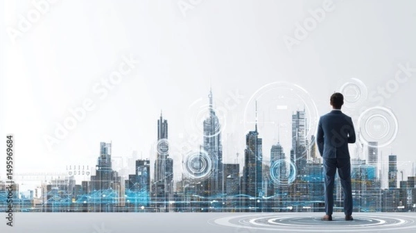 Fototapeta Businessman Looking at Futuristic City Skyline with Digital Interface and Technology Elements in Modern Urban Environment