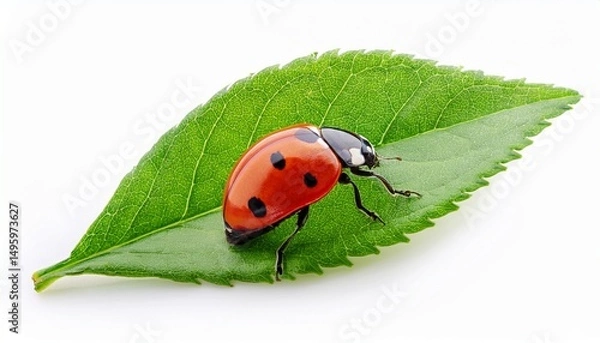 Fototapeta ladybug sitting on green leaf isolated on white background