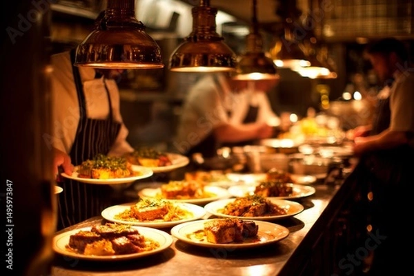 Fototapeta Chefs work diligently in a heated kitchen, plating various gourmet dishes under warm, glowing lights while food is being served to eager diners during an evening rush