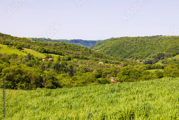 Obraz Panorama of the Tarn valley, its forests, and its fields, from the heights around the village of Ambialet