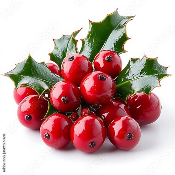 Obraz Vibrant cluster of bright red holly berries with green leaves on a clean white background high resolution photo