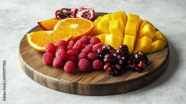 Obraz The wooden plate is decorated with fresh mango, oranges, and raspberries against a gray background