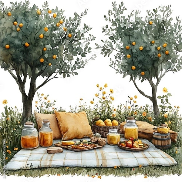 Obraz Watercolor illustration depicts a picturesque picnic scene beneath flourishing orange trees with food and soft pillows.
