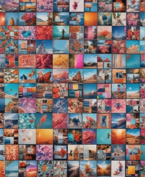 Fototapeta Vibrant photo collage grid; diverse shapes & sizes, colorful imagery , object, style