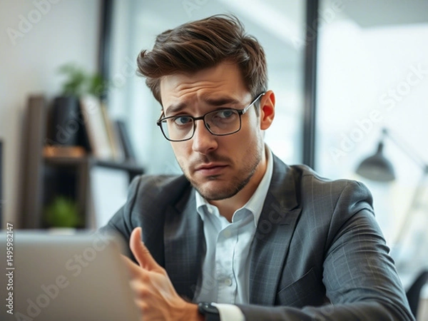 Fototapeta Professional photo of a businessman confused while working remotely, trying to find a way to cope with this situation. Emotions captured