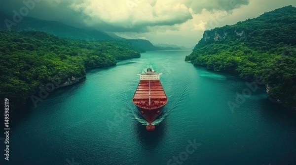 Obraz Cargo ship navigating tropical strait, lush greenery