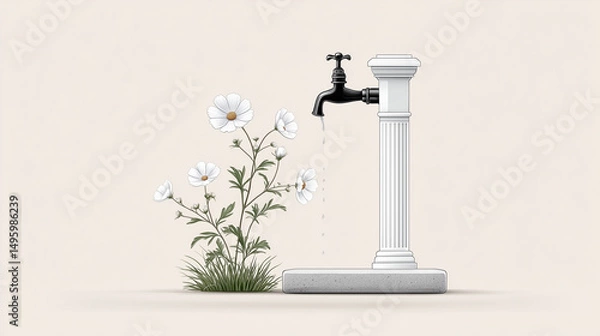 Obraz Water pump with flowers and grass in minimalist style on a neutral background  