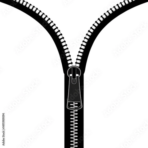 Fototapeta Simple Black and White Silhouette of a Partially Unzipped Zipper on a Transparent Background