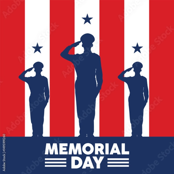Fototapeta Three silhouette soldiers salute vertically against patriotic red/white stripes, dark blue uniforms, with bold "MEMORIAL DAY" banner. Minimalist, solemn tribute in flat vector style, honoring service 