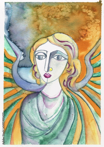 Obraz Vibrant Watercolor Angel. Ethereal Guardian with Radiant Wings, hand-made