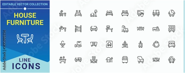 Obraz House Furniture vector icon set. Featuring bed, decoration, interior, room, decor, sofa and more. Furniture related icon set. Isolated icons. Pixel perfect. Vector illustration.