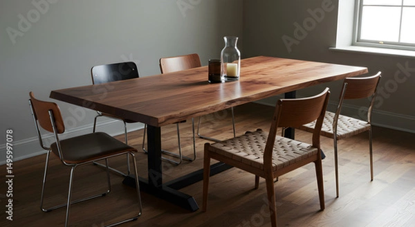 Fototapeta Elegant Dining Space With Wooden Table, Assorted Chairs, And Minimalist Decor