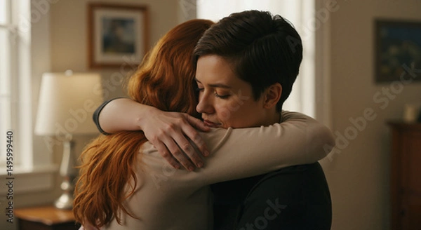 Fototapeta Two women embracing each other emotionally in a cozy indoor setting  