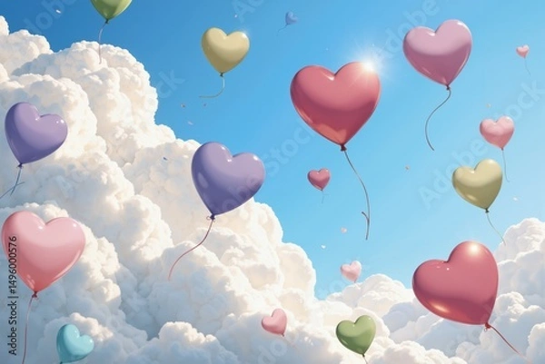 Fototapeta many colorful heart shaped balloons floating in the sky
