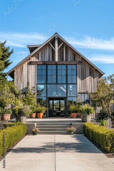 Fototapeta Experience the charm of a stunning rustic barn house that features expansive windows and a beautifully landscaped garden, all illuminated by the warm glow of bright sunlight