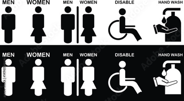 Fototapeta Gender and Disability Restroom icons Set. Male, female and disabled toilet symbol, washroom signs, WC toilet, Hand wash signs isolated on transparent Background. vector illustration 