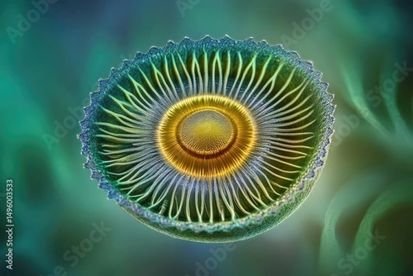 Fototapeta Microscopic diatom with intricate, radial structure, showcasing vibrant green and gold hues.