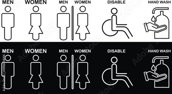 Fototapeta Gender and Disability Restroom icons Set. Male, female and disabled toilet symbol, washroom signs, WC toilet, Hand wash signs isolated on transparent Background. vector illustration 