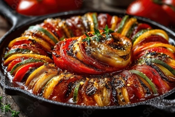 Fototapeta Colorful concentric vegetable spiral simmers in rustic cast iron skillet. Bright layers of zucchini and tomatoes surrounded by bubbling tomato sauce