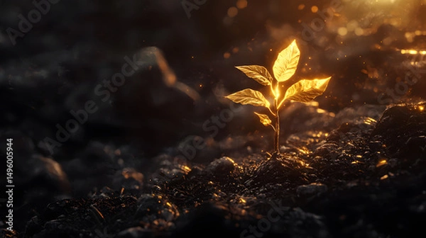 Fototapeta Golden Growth in Dark Ground: A singular, radiant sprout pushing through dark earth, its leaves illuminated with a golden glow.