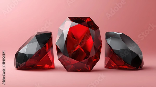Obraz Three faceted, shiny, deep red gemstones with dark reflections are displayed on a soft pink surface, creating a luxurious and elegant display of wealth and beauty.
