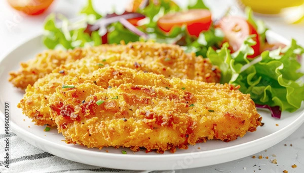 Fototapeta Panko chicken breast fried with a light side salad. AI