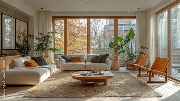 Fototapeta Sun-drenched living room featuring comfortable sofas, woven chairs, and vibrant plants against a backdrop of autumn foliage.