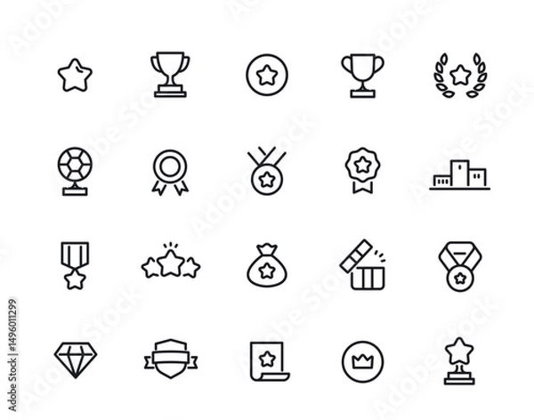 Fototapeta Award line Icons Set. Simple symbols with trophy cup, winner gold medal and reward. Editable stroke. Success and achievement. Outline vector illustration collection isolated on background