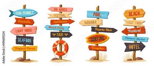 Fototapeta Beach signpost set. Pillars with wooden beach pointer with arrows and lettering. Direction indicators. Signs with inscription hotel, cafe and pool. Cartoon vector illustration isolated on background