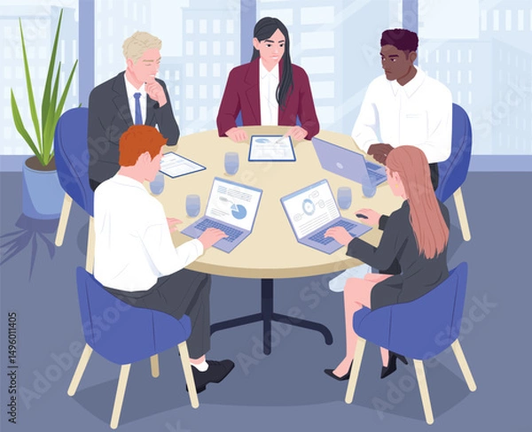 Fototapeta Business Planning. Poster with office workers or entrepreneurs sitting at round table and discussing project at business conference or meeting. Developing Success Strategy. Flat vector illustration