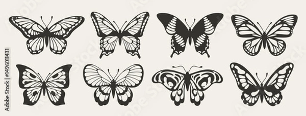 Fototapeta Silhouettes of butterflies. Set of doodle icons of insects with beautiful wings. Design elements for tattoos and logos. Black and white vector illustration collection isolated on background