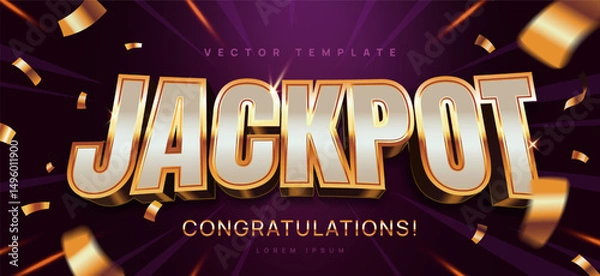 Fototapeta Jackpot banner. Luxury background with gold text, confetti and rays of light. Congratulatory poster for lottery or casino winner. Design element for gambling. Realistic 3D vector illustration