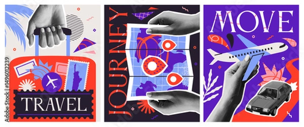 Fototapeta Travel Poster Set. Abstract covers or flyers with hands holding luggage, landmarks map and airplane. Tourism, vacation and journey. Halftone vector illustration collection isolated on background