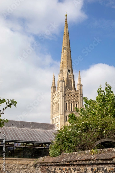 Fototapeta Looking across roofs and flint walls to the spire of Norwich Cathedral