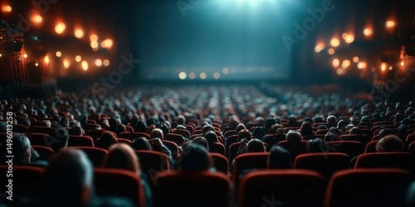 Fototapeta Large audience eagerly awaits movie screening in vintage theater filled with warm lights and plush red seating