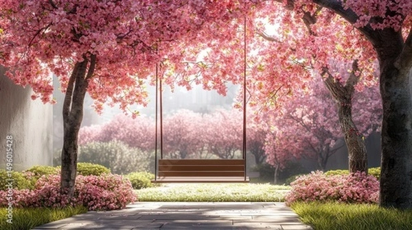 Fototapeta Serene swing, cherry blossom garden, spring