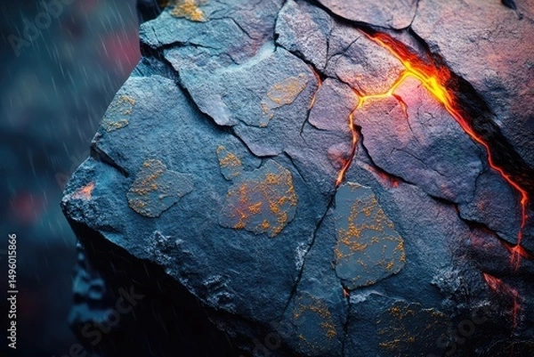 Fototapeta Molten lava flows through cracks in a dark, rain-soaked volcanic rock, creating a dramatic contrast.