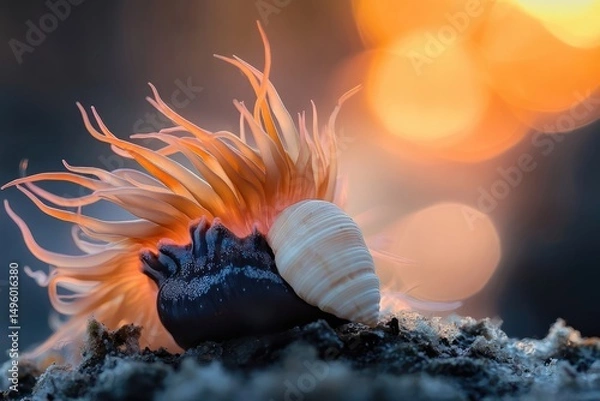 Fototapeta A vibrant sea anemone with delicate tentacles embracing a smooth seashell at sunset.
