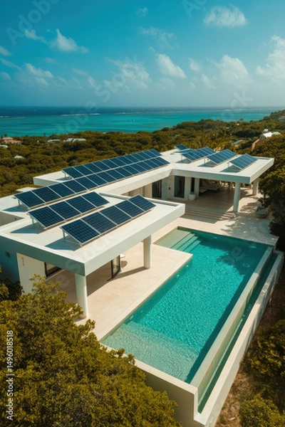 Fototapeta Luxury villa in Thailand with solar panels on the roof, luxury ocean view villa near the ocean, solar panel roof villa in Thailand with private pool