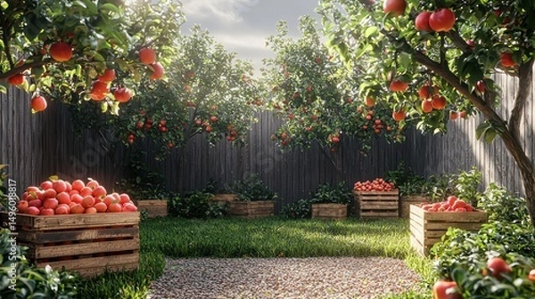 Obraz Sunlit Orchard Harvest Apples in Wooden Crates