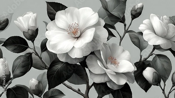 Fototapeta   A monochromatic depiction of white blooms amidst emerald foliage against a grayscale backdrop, juxtaposed with a b&w photograph capturing