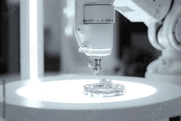 Fototapeta A robotic arm precisely assembles intricate metallic components on a illuminated surface, showcasing advanced automation in manufacturing.