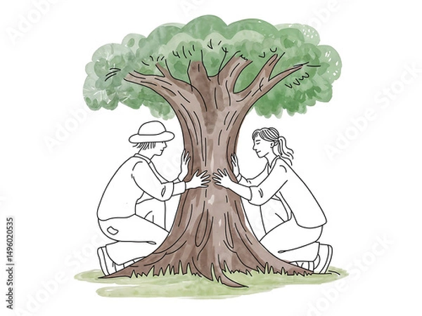 Fototapeta Journée de l'arbre et protection des forêts : deux personnes protègent un arbre et sa biodiversité