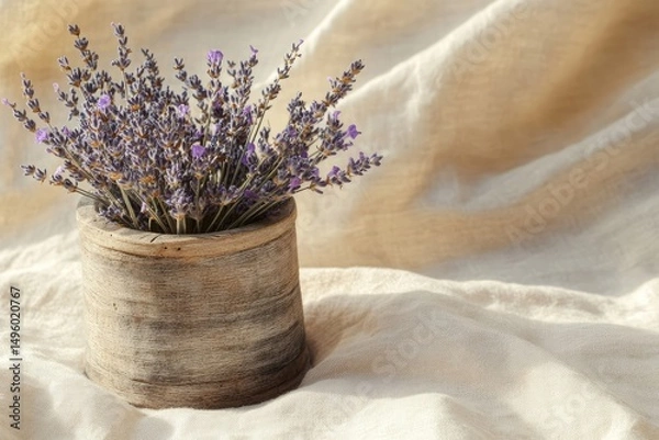Fototapeta A rustic wooden vase holds a bouquet of fragrant lavender, resting on a beige linen fabric.